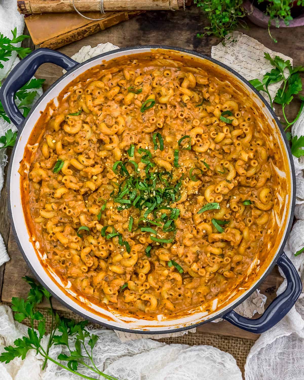 Skillet of Vegan Italian Tomato Mac and Cheese