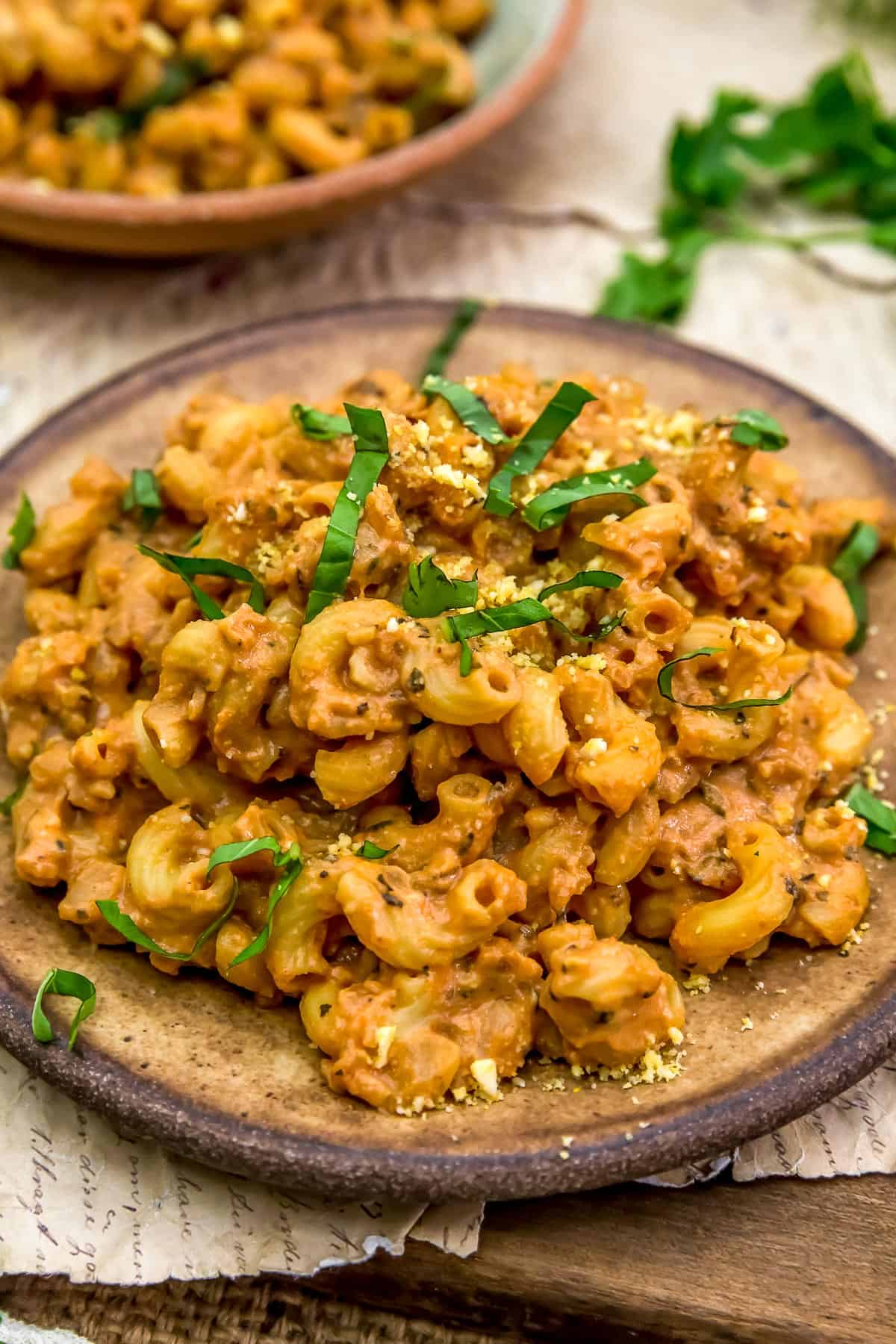 Close up view of Vegan Italian Tomato Mac and Cheese