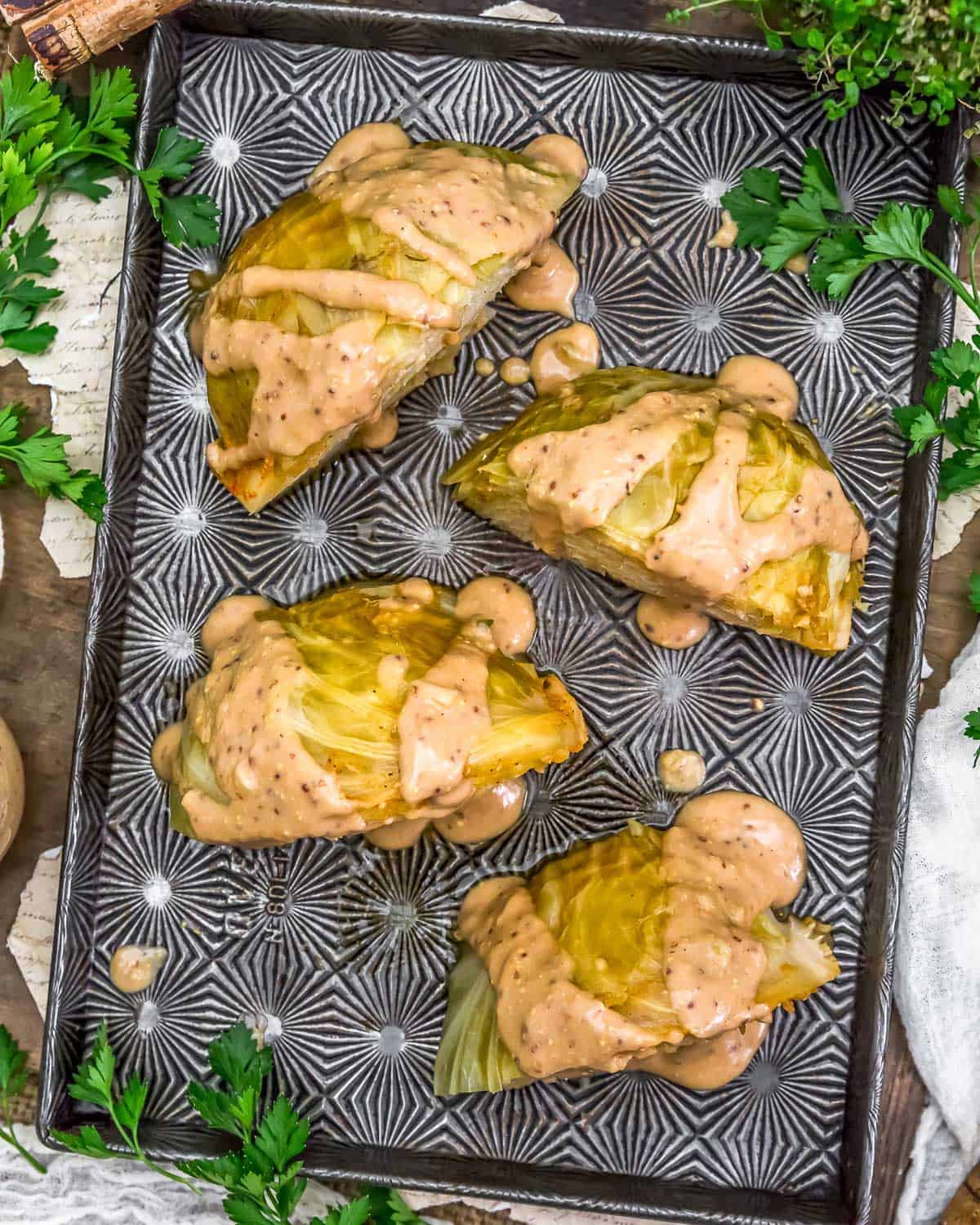 Instant Pot Ruben Cabbage Wedges on a baking sheet