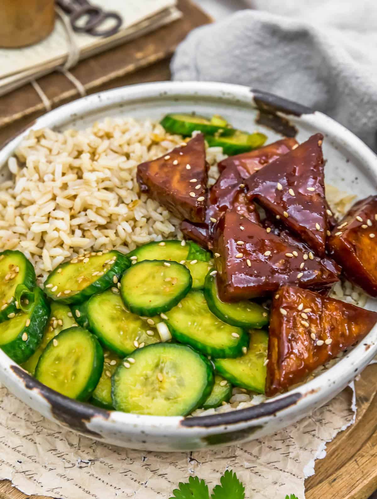 Oil Free Spicy Asian Cucumber Salad with tofu and rice