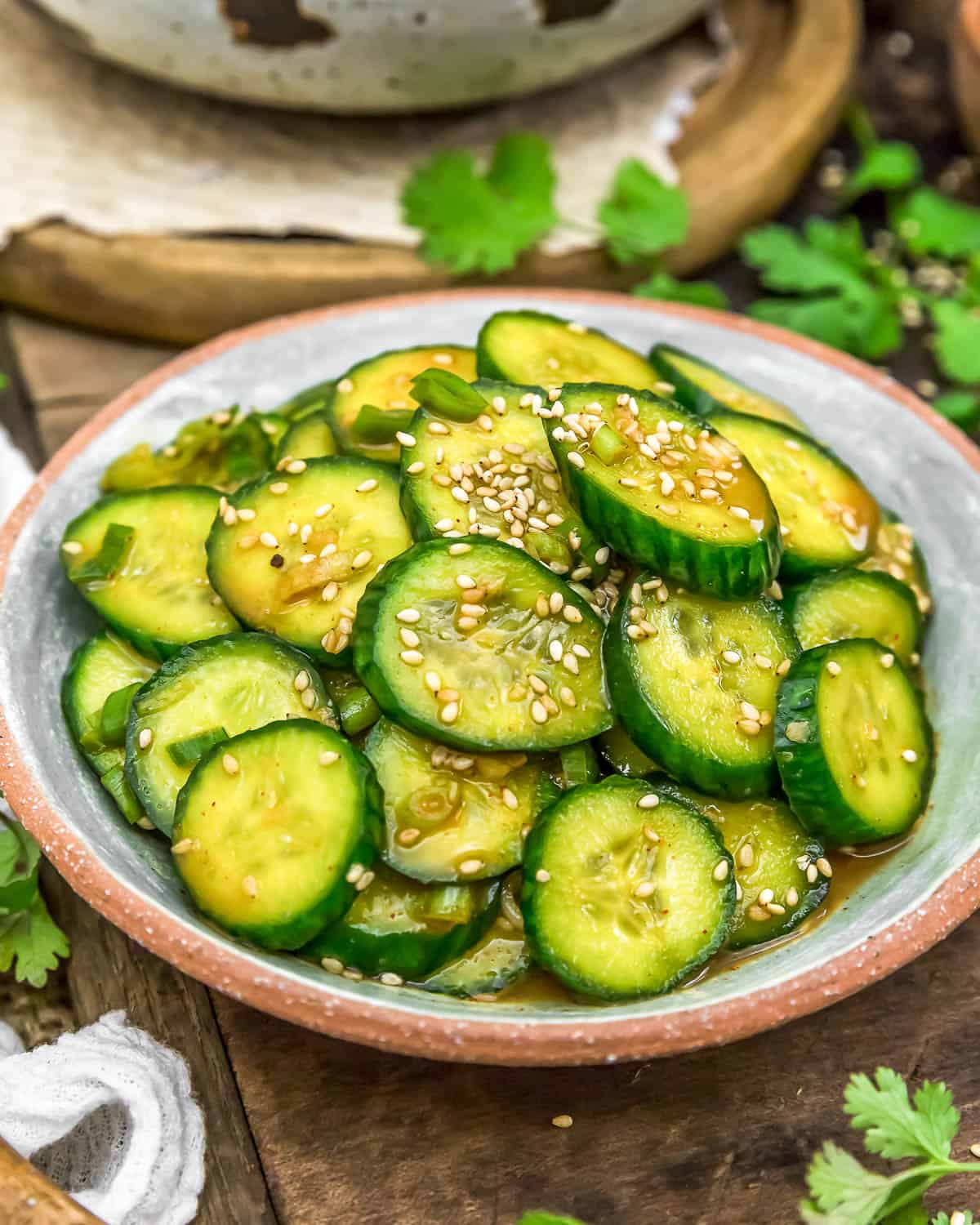 Close up of Oil Free Spicy Asian Cucumber Salad