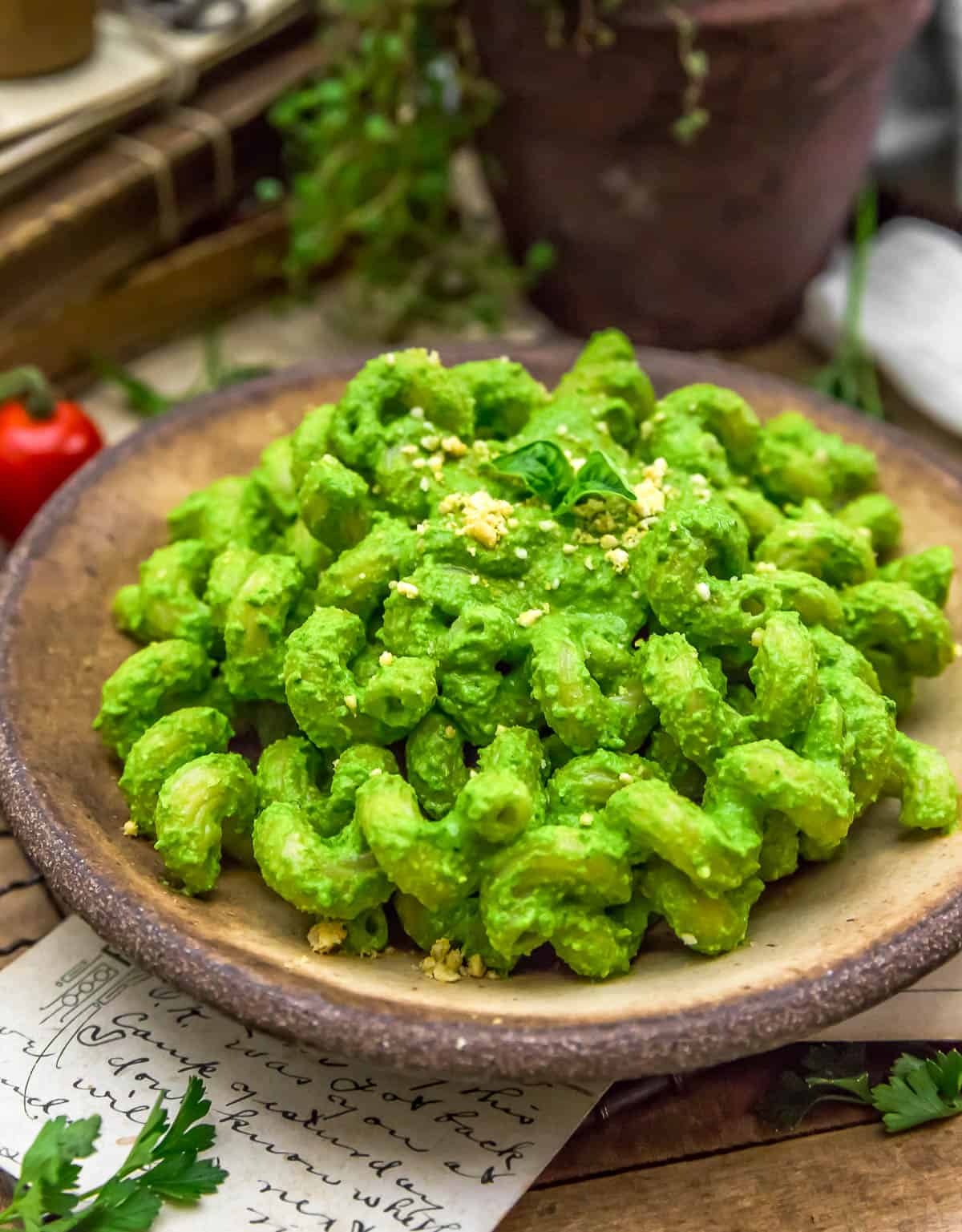 Close up of Oil Free Vegan Pesto on pasta