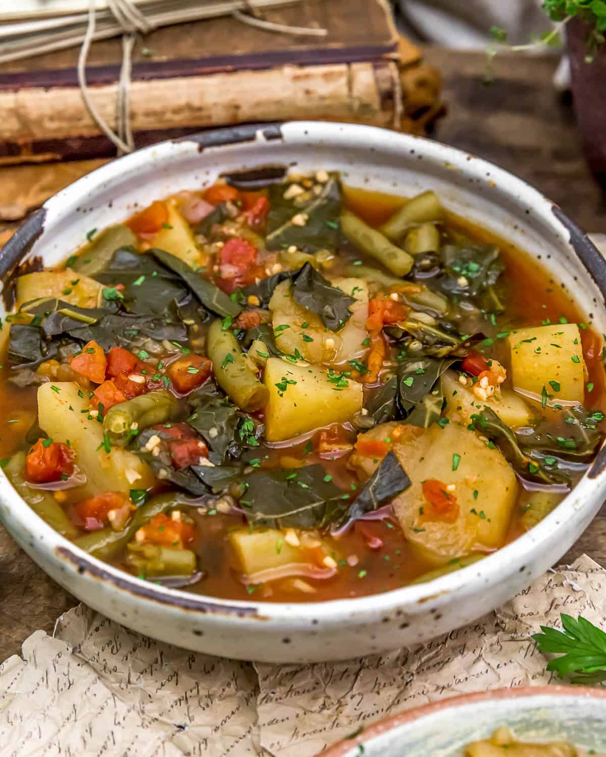 Close up of Smoky Collard Greens, Green Beans, and Potatoes