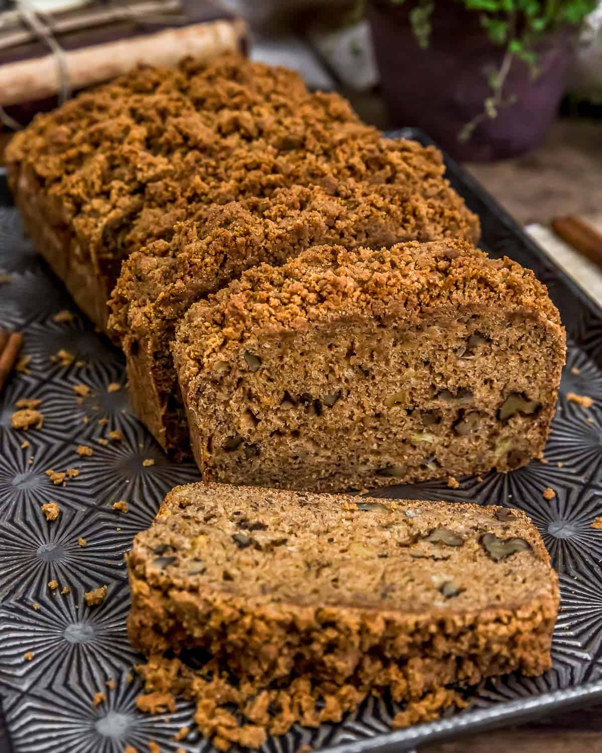 Vegan Crumb Top Banana Bread on a Baking Sheet