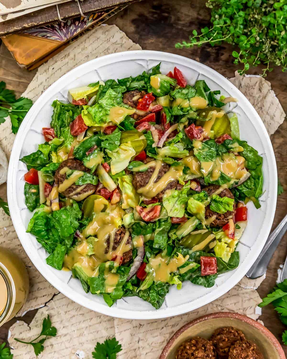 Tablescape of Vegan Mini Cheeseburger Salad