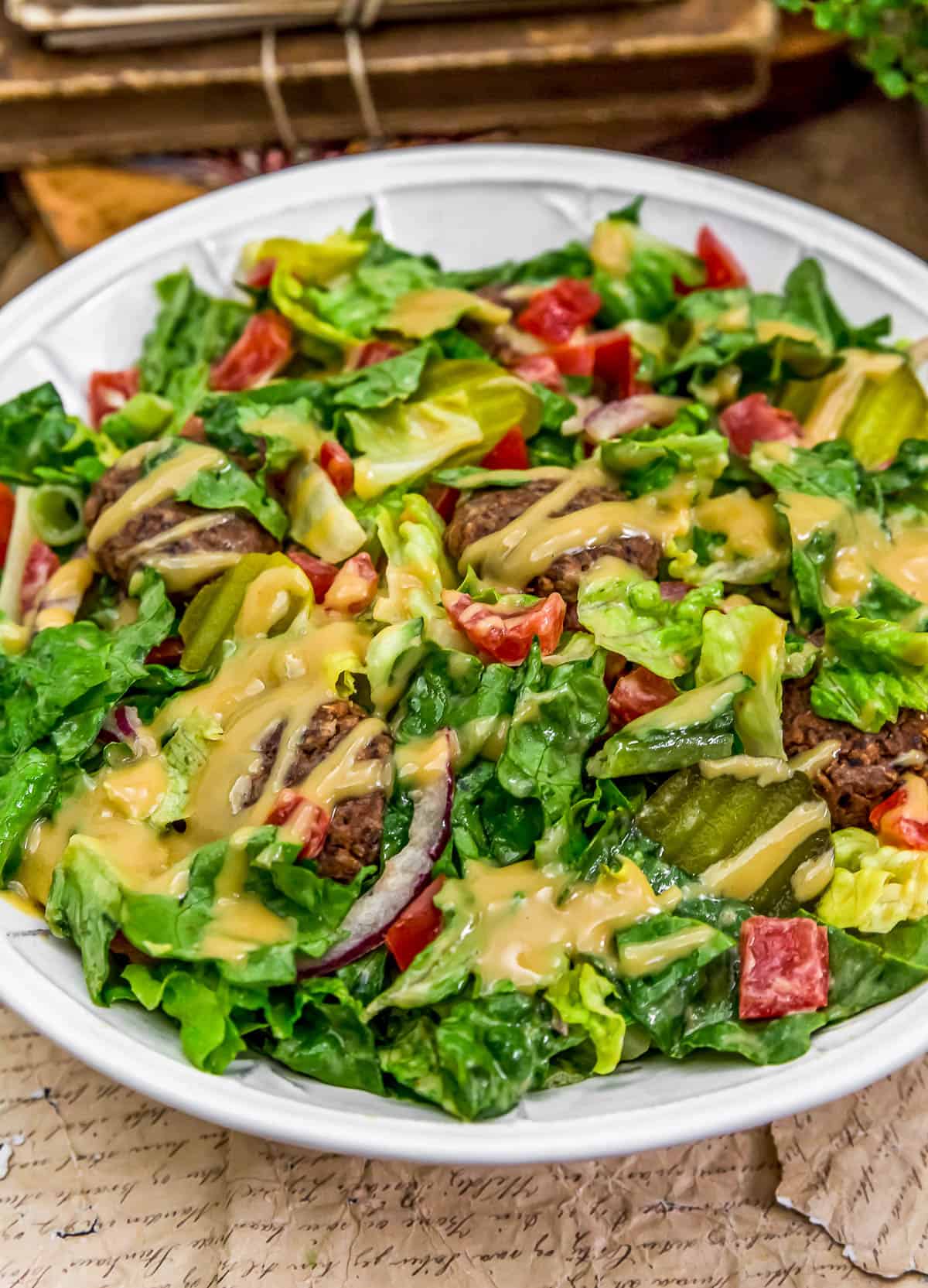 Bowl of Vegan Mini Cheeseburger Salad