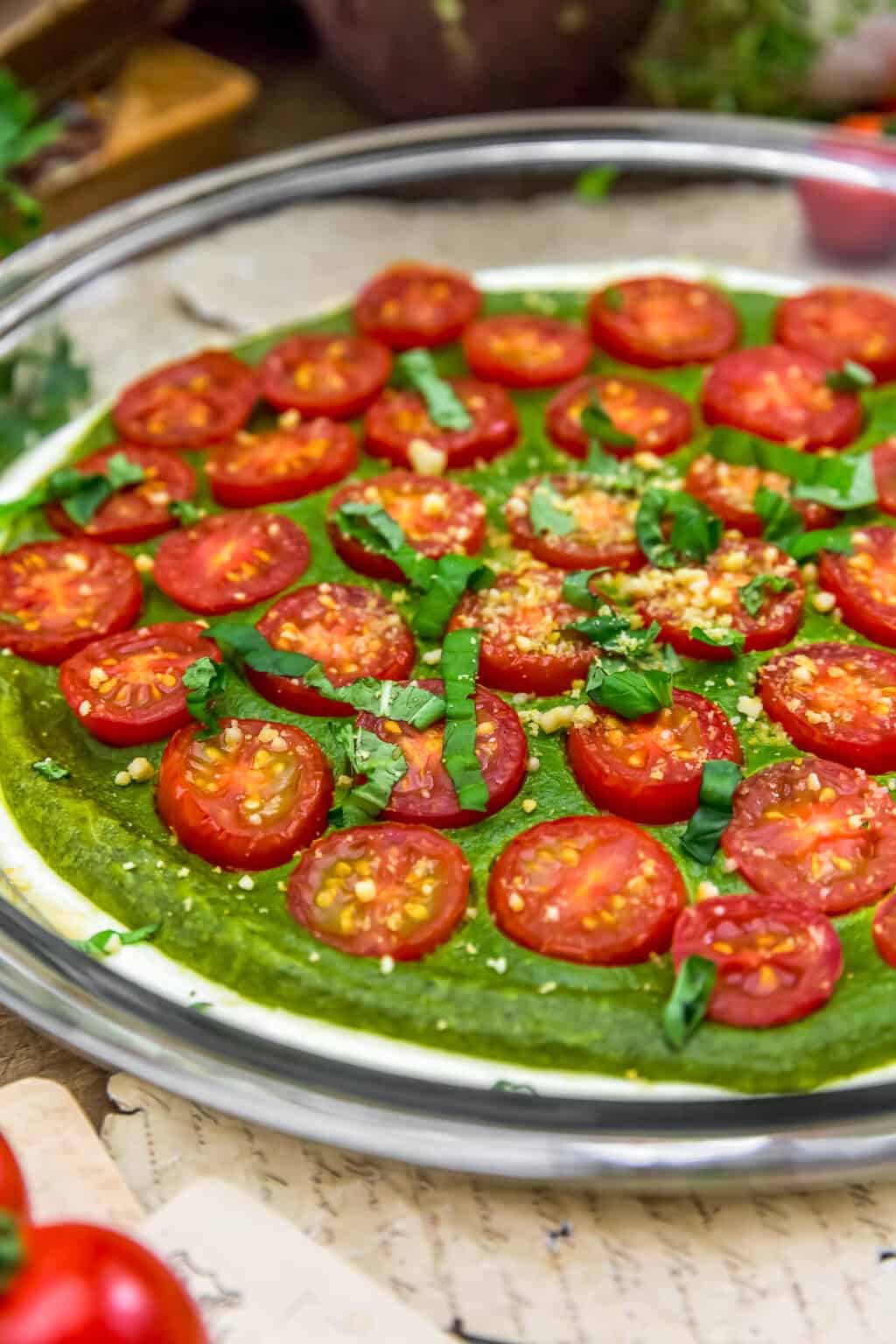Vegan Oil Free Pesto Caprese Dip Monkey and Me Kitchen Adventures