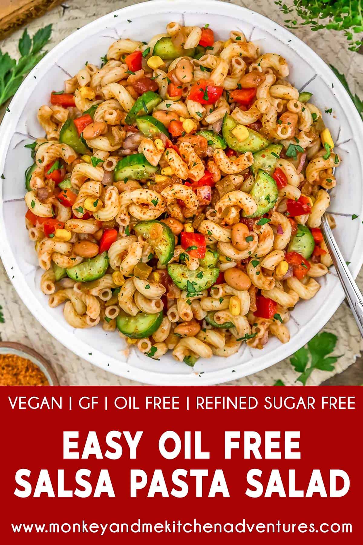 Easy Oil Free Salsa Pasta Salad with text description