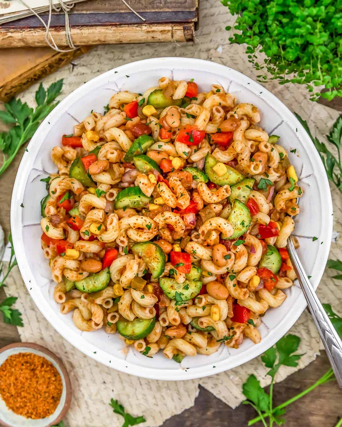 Bowl of Easy Oil Free Salsa Pasta Salad