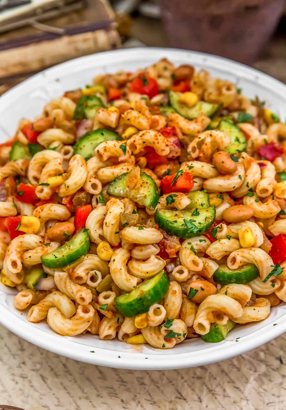 Close up of Easy Oil Free Salsa Pasta Salad