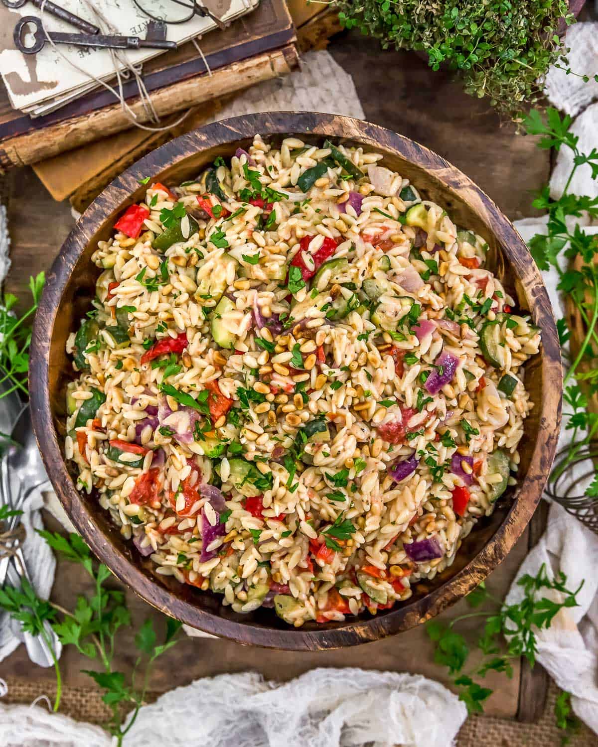 Oil Free Farmers Market Italian Orzo Salad in a bowl