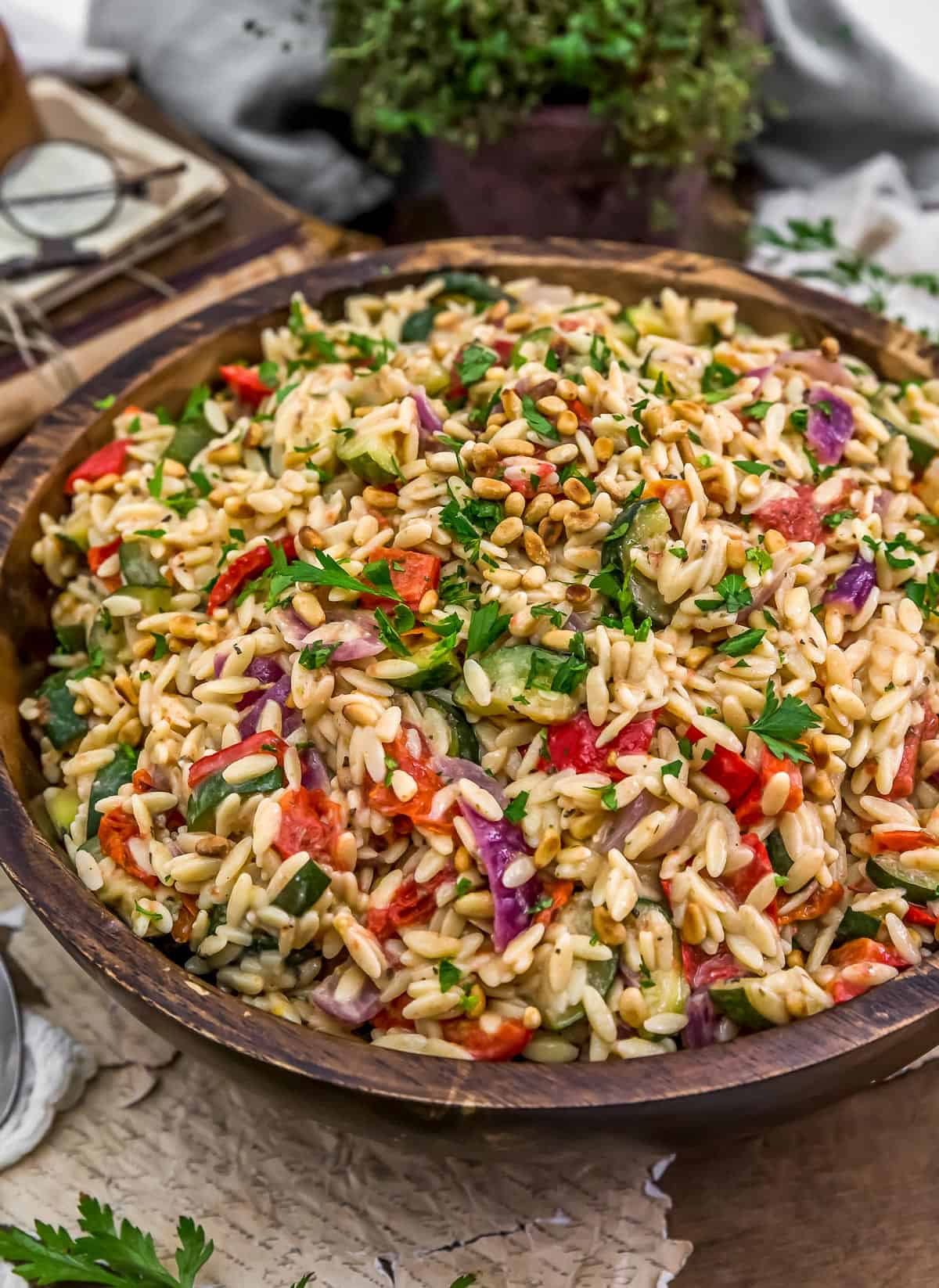 Side view of Oil Free Farmers Market Italian Orzo Salad