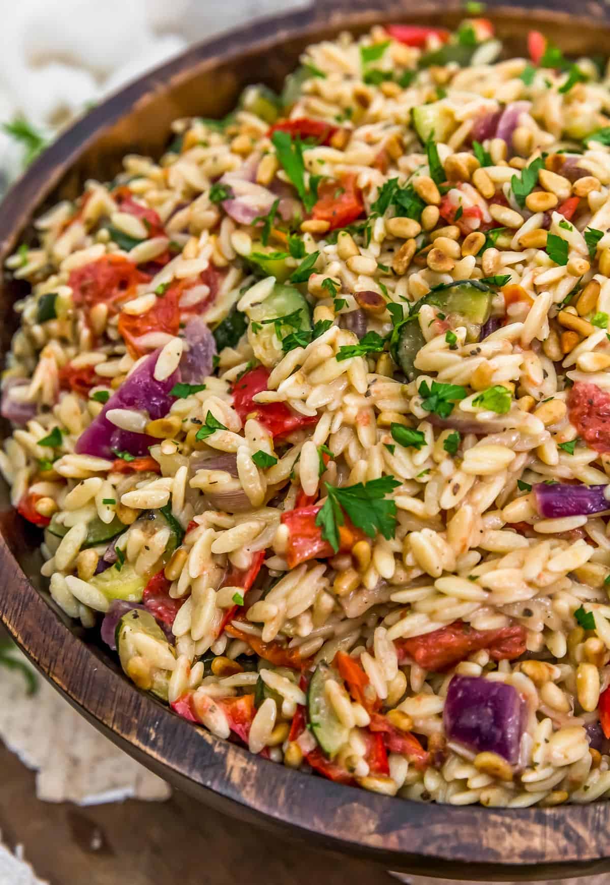 Close up of Oil Free Farmers Market Italian Orzo Salad