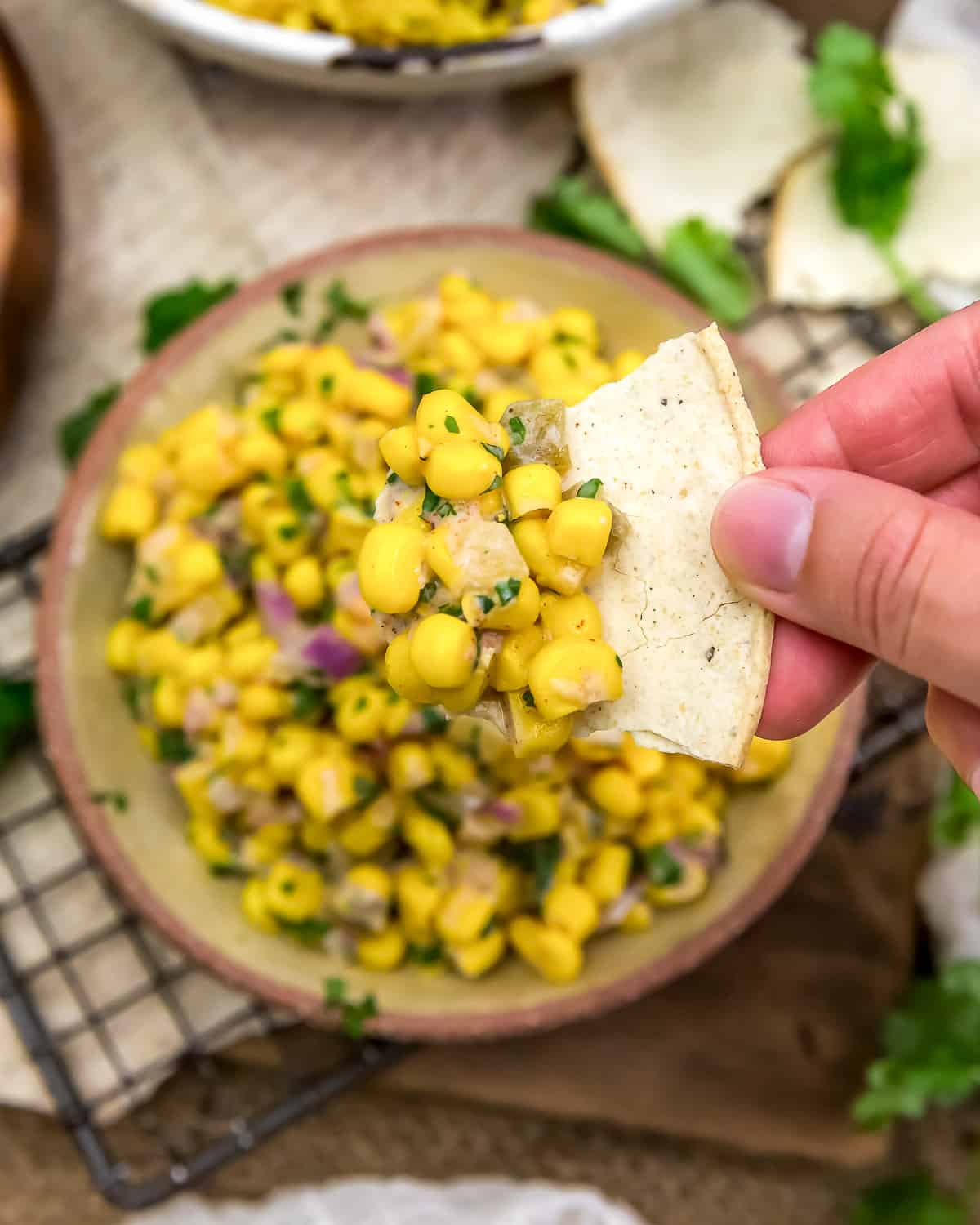 Eating Oil Free Vegan Mexican Corn Dip