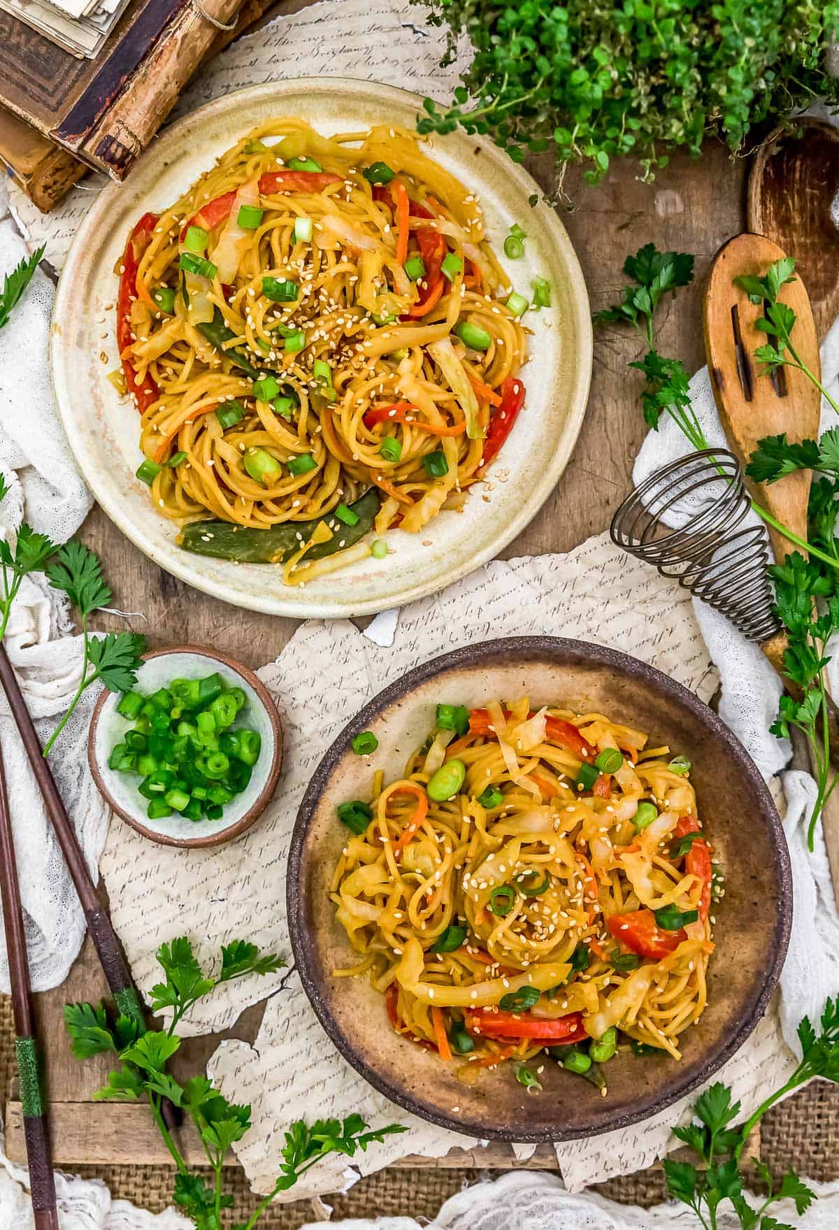 Tablescape of Sweet and Sour Cabbage Noodle Stir Fry