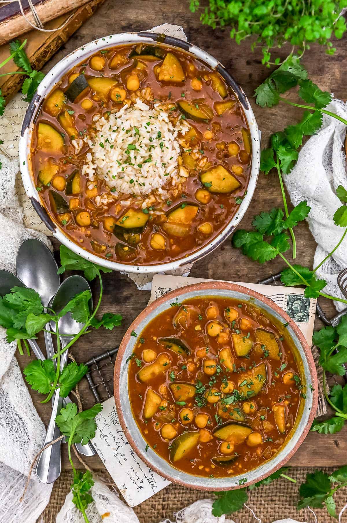 Tablescape of Zucchini Chickpea Curry