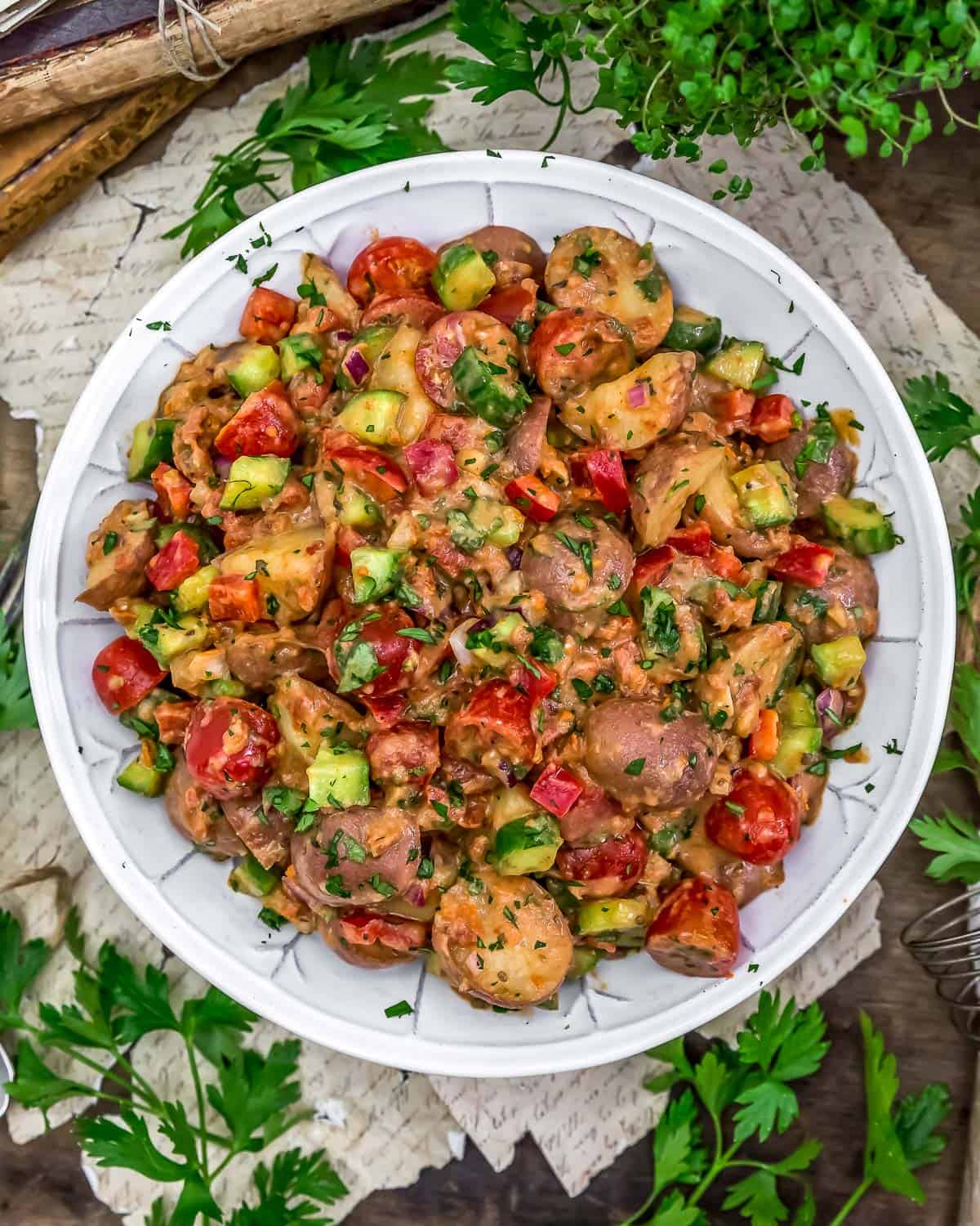 Tablescape of Garden Fresh Mediterranean Potato Salad