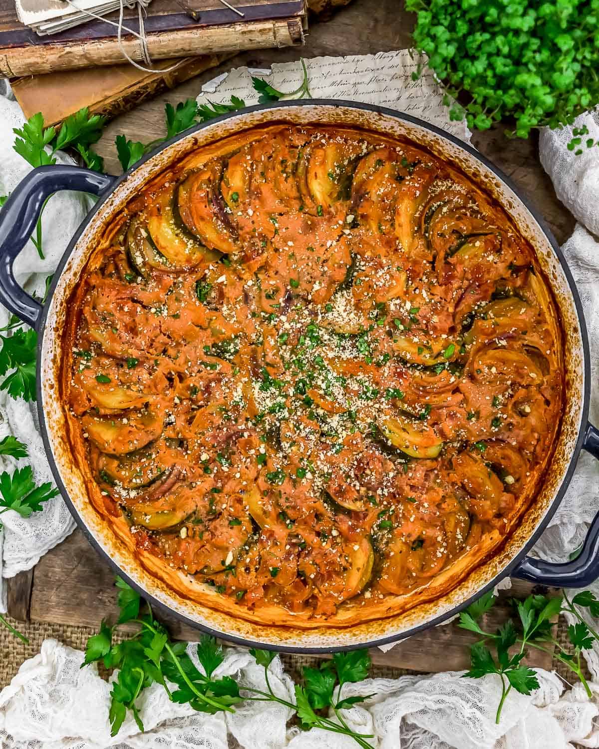 Pan of Oil Free Greek Zucchini and Potato Bake