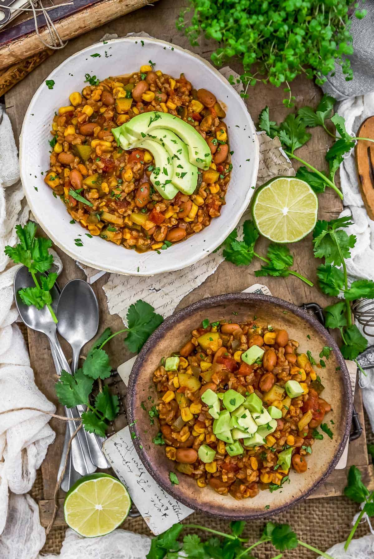 Tablescape of Oil Free Vegan Tex-Mex Farro Skillet