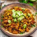 Close up of Oil Free Vegan Tex-Mex Farro Skillet