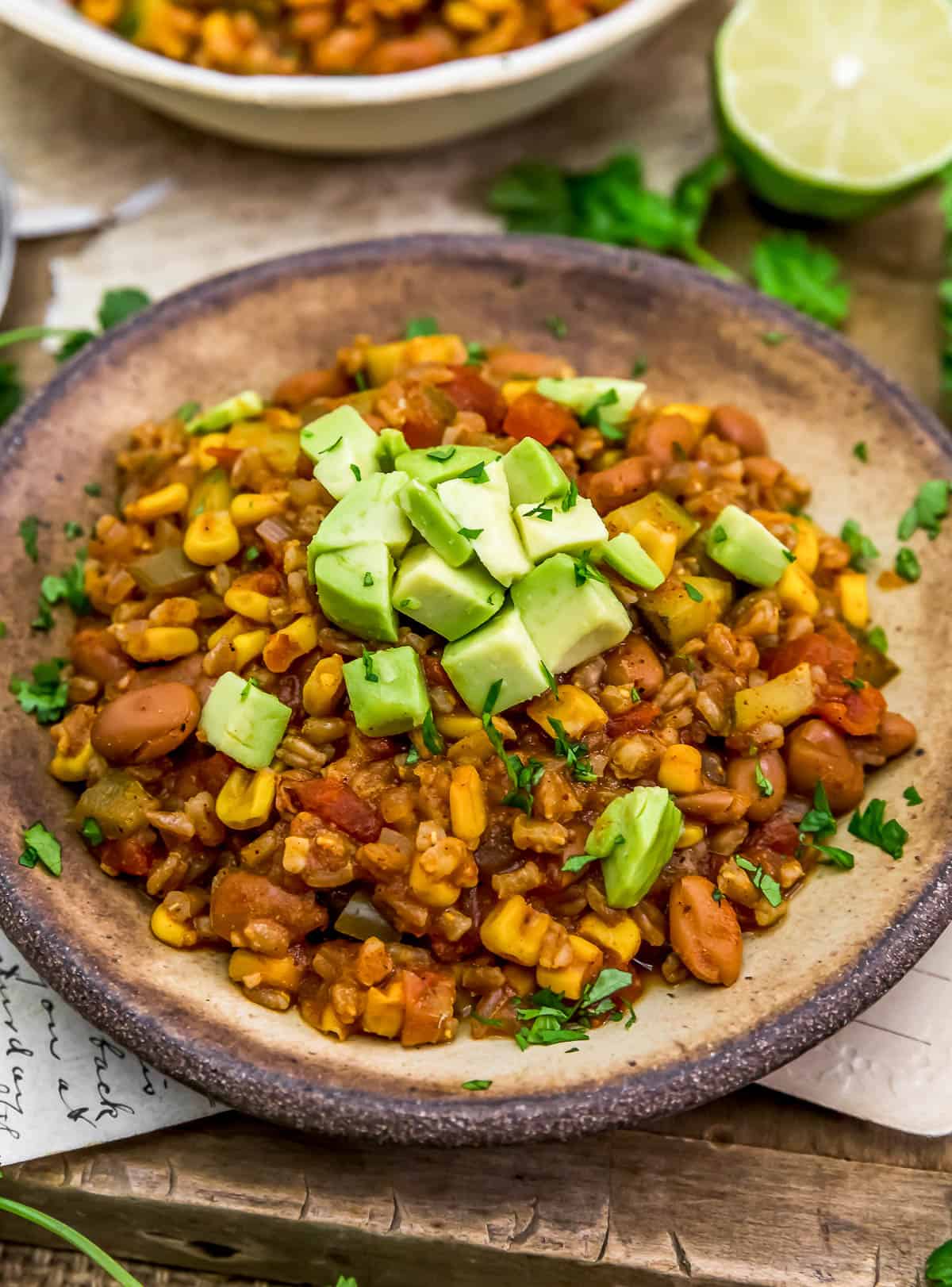 Close up of Oil Free Vegan Tex-Mex Farro Skillet