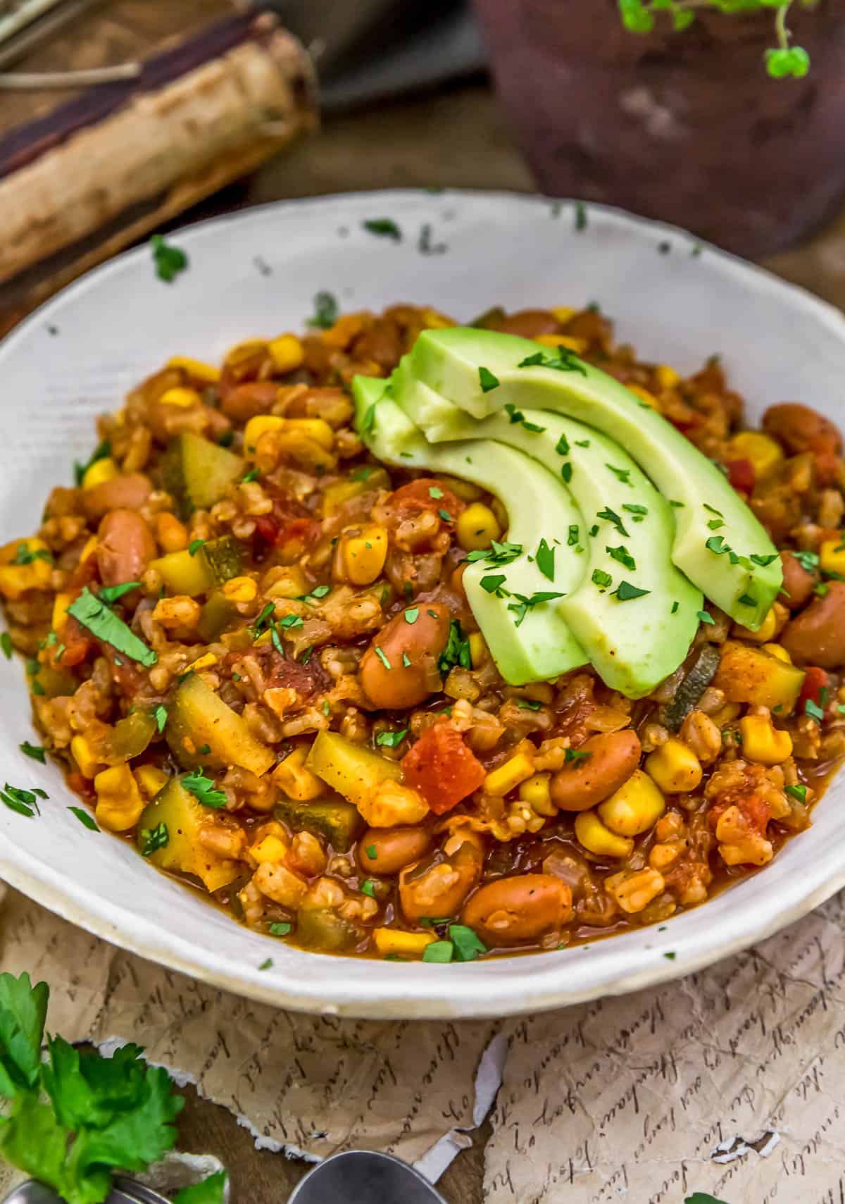 Oil Free Vegan Tex-Mex Farro Skillet with avocados