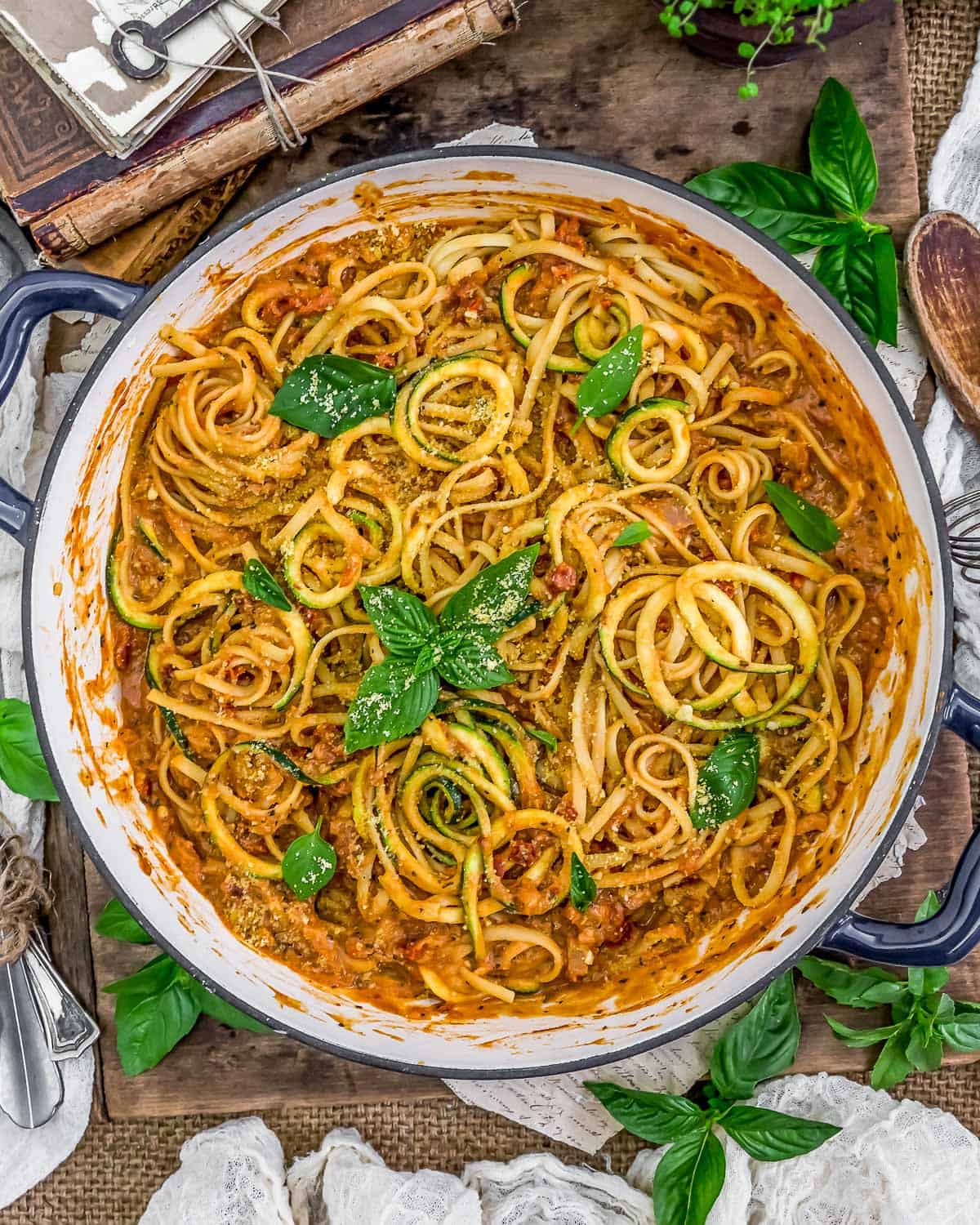 Tablescape of Vegan Sun-Dried Tomato Parmesan Pasta