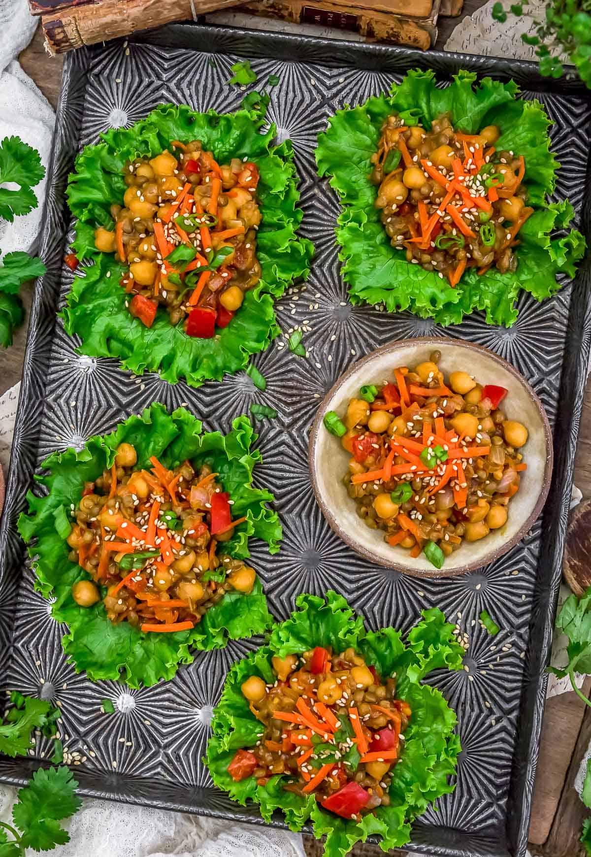 Tray of Asian Lentil Chickpea Lettuce Wraps