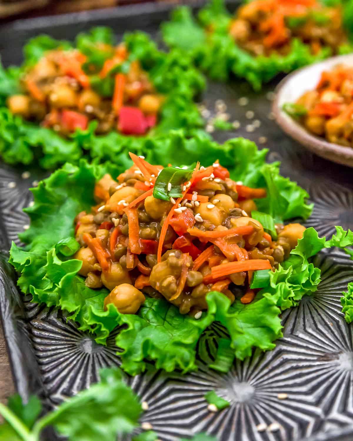 Close up of Asian Lentil Chickpea Lettuce Wraps