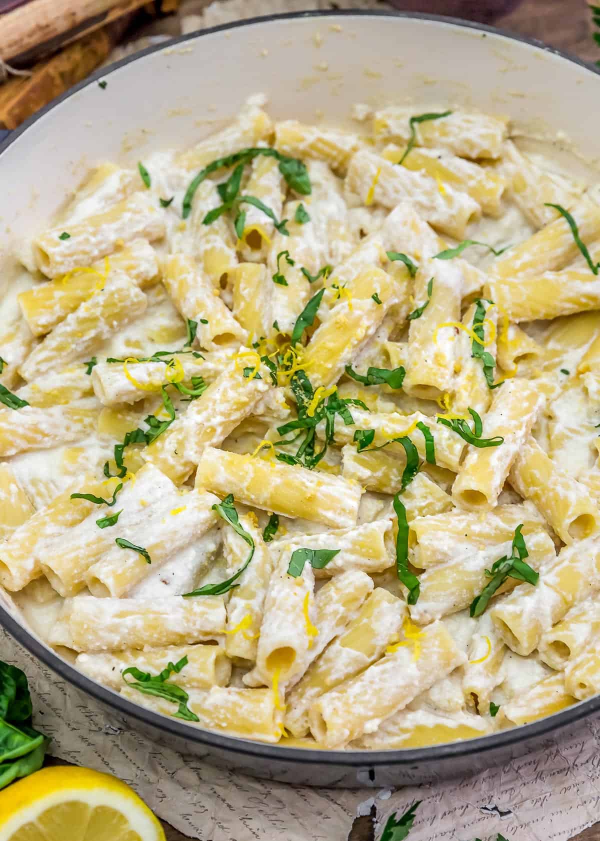 Easy Vegan Lemon Ricotta Pasta in a skillet