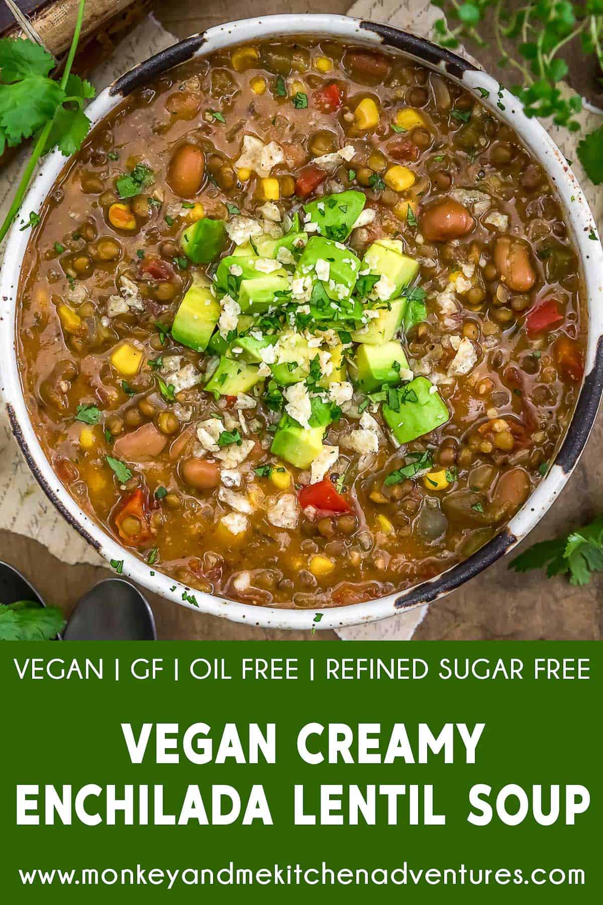 Vegan Creamy Enchilada Lentil Soup with text description