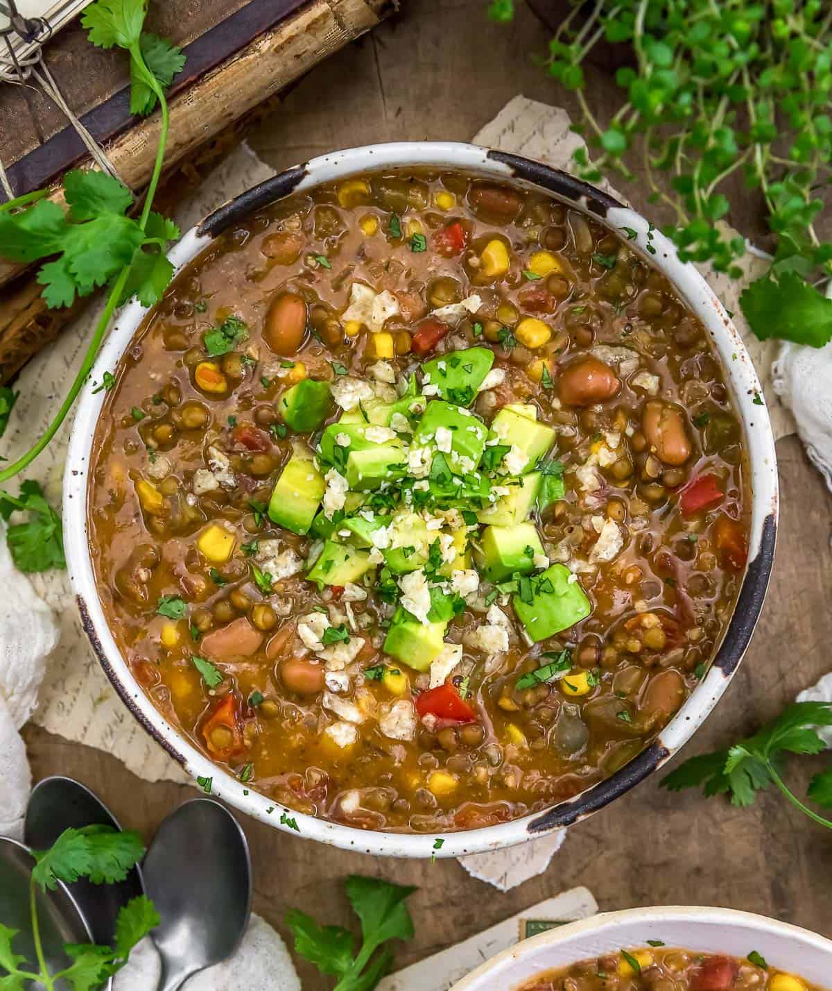 Bowl of Vegan Creamy Enchilada Lentil Soup