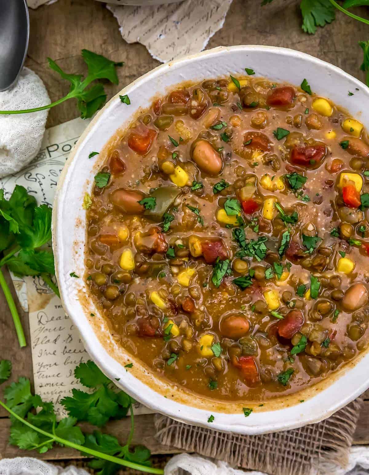 Vegan Creamy Enchilada Lentil Soup in a bowl