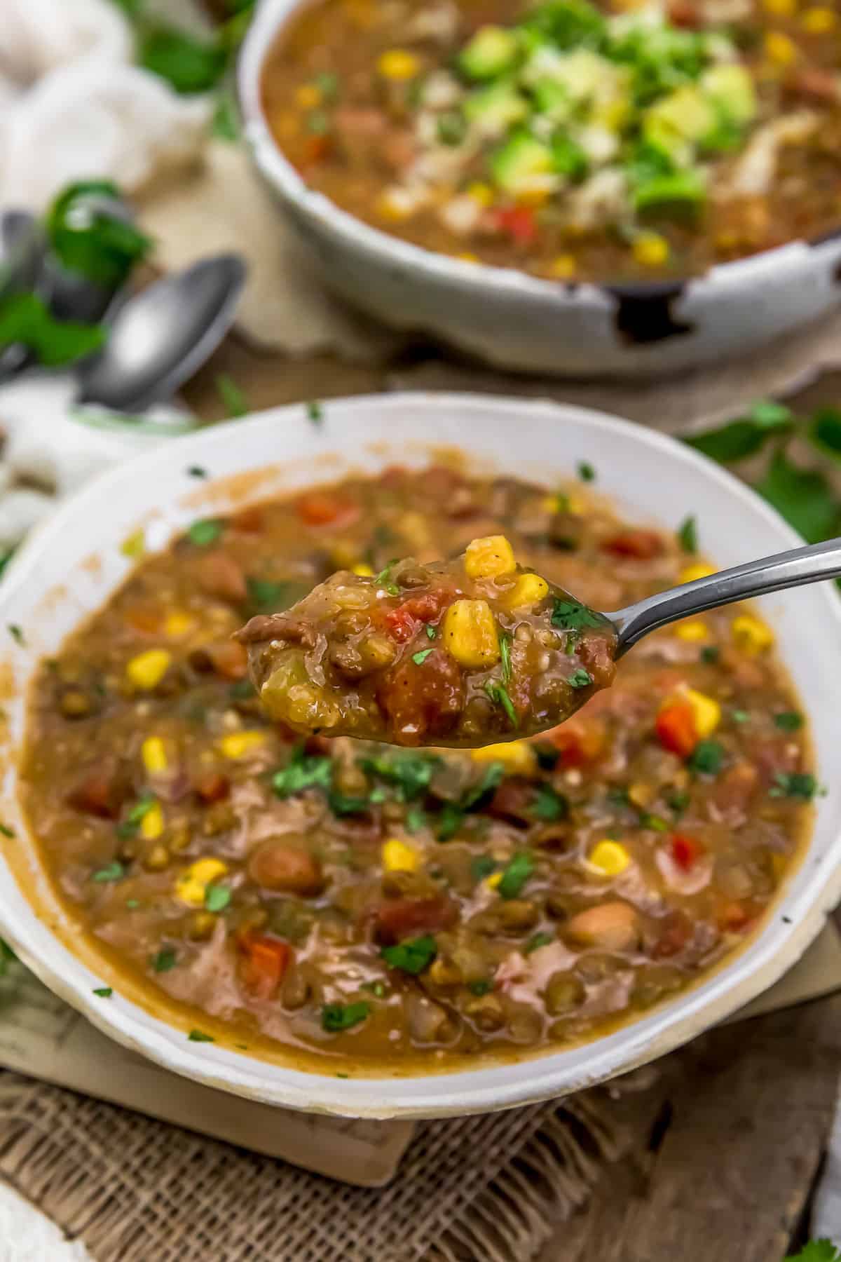 Spoonful of Vegan Creamy Enchilada Lentil Soup