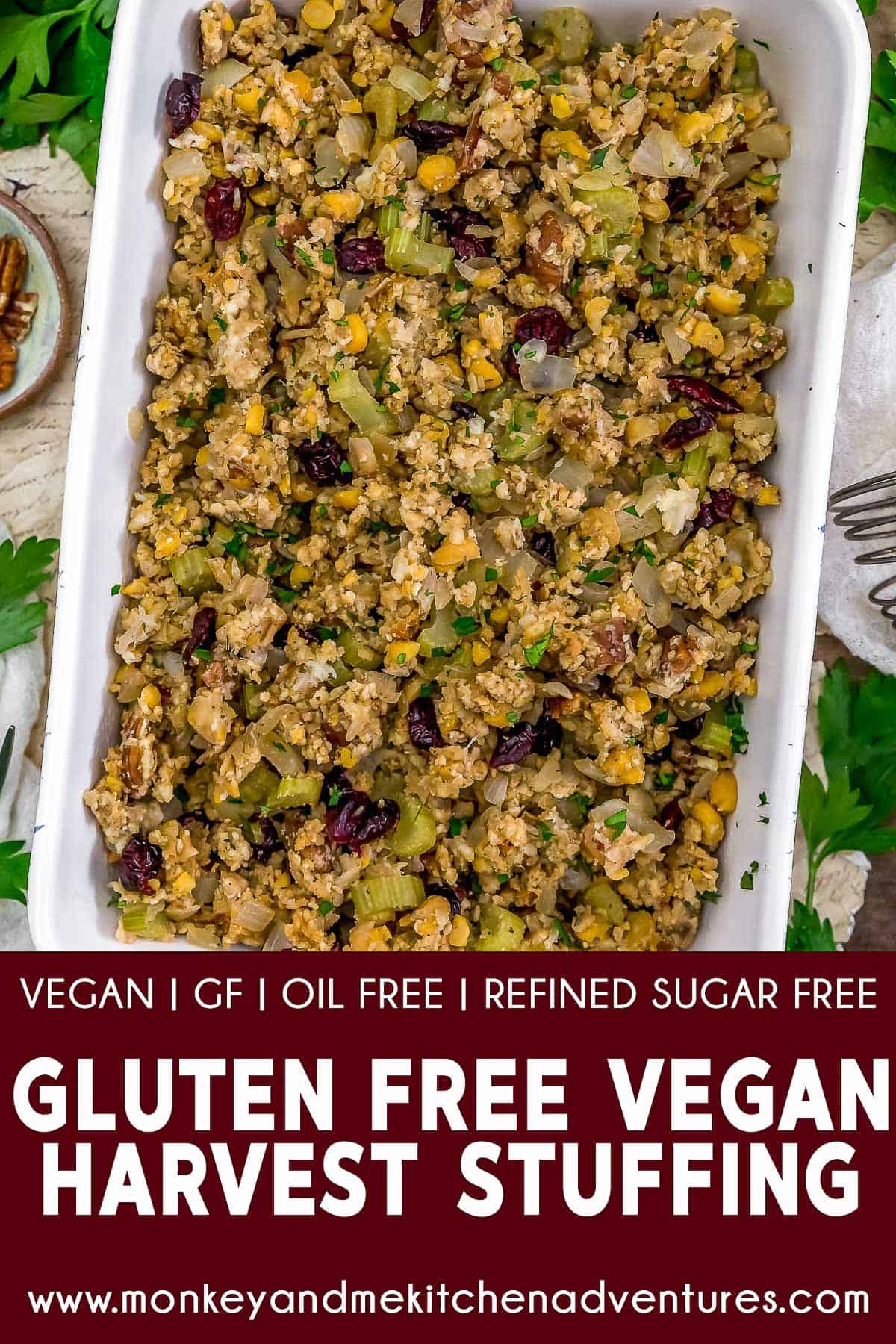 Gluten Free Vegan Harvest Stuffing with text description