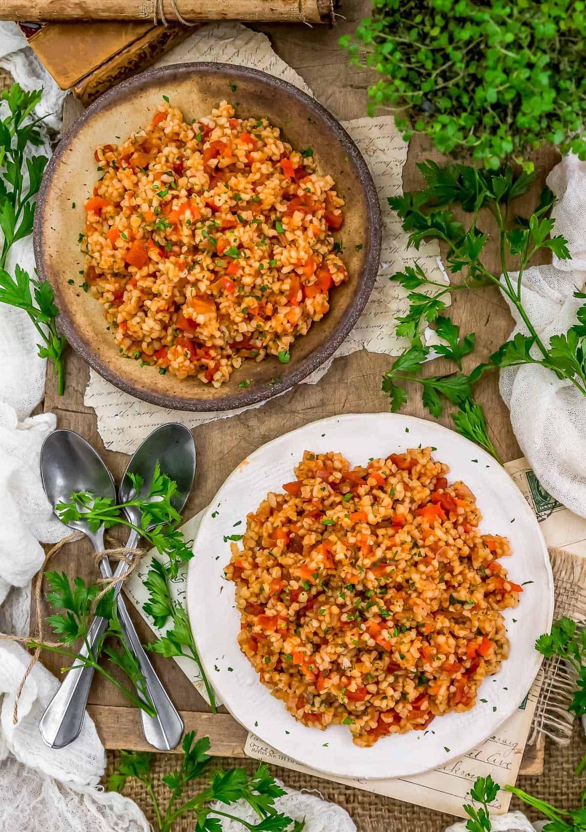 Tablescape of Middle Eastern Bulgur Pilaf