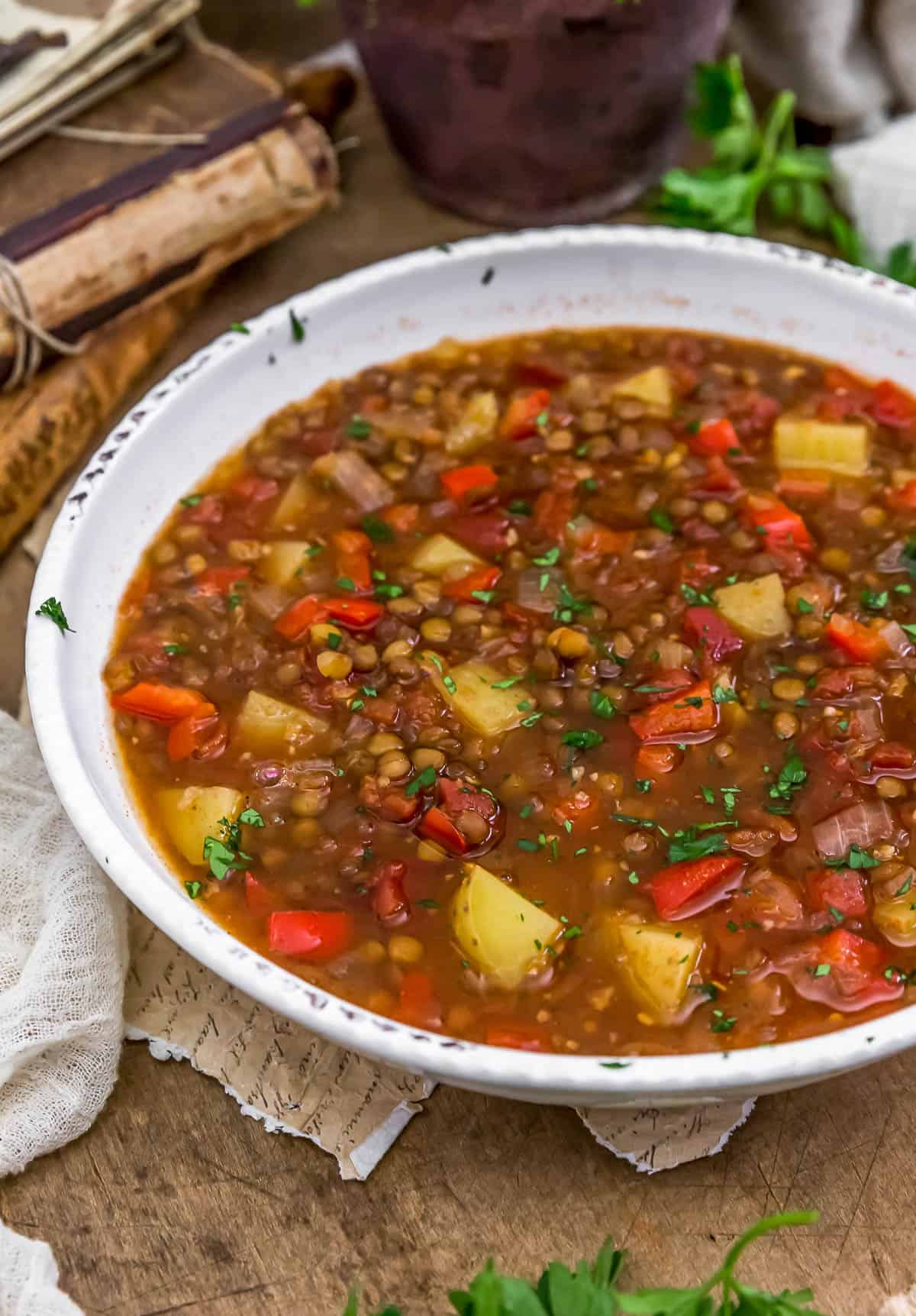 Close up of Smoky Lentil Potato Soup