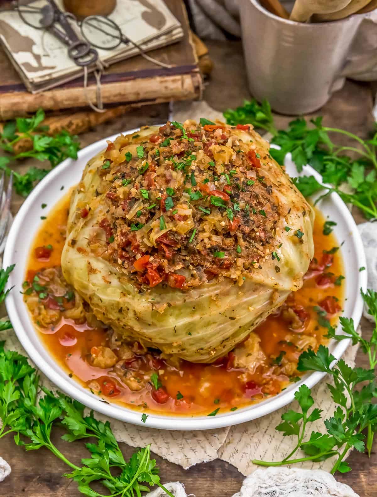 Side view of Instant Pot Lentil Pilaf Whole Stuffed Cabbage