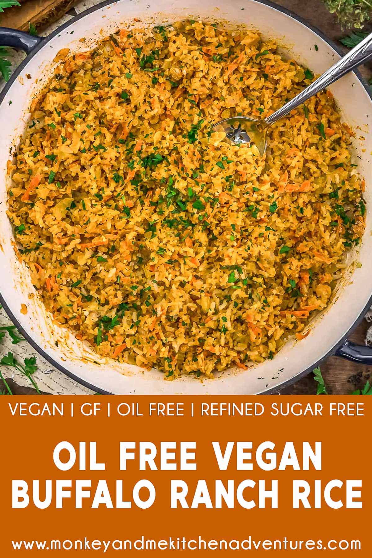 Oil-Free Vegan Buffalo Ranch Rice with text description