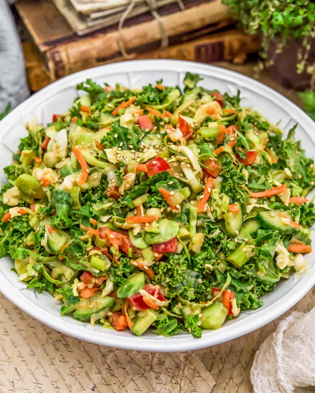 Close up of Vegan Asian Brussels Sprouts Chopped Salad