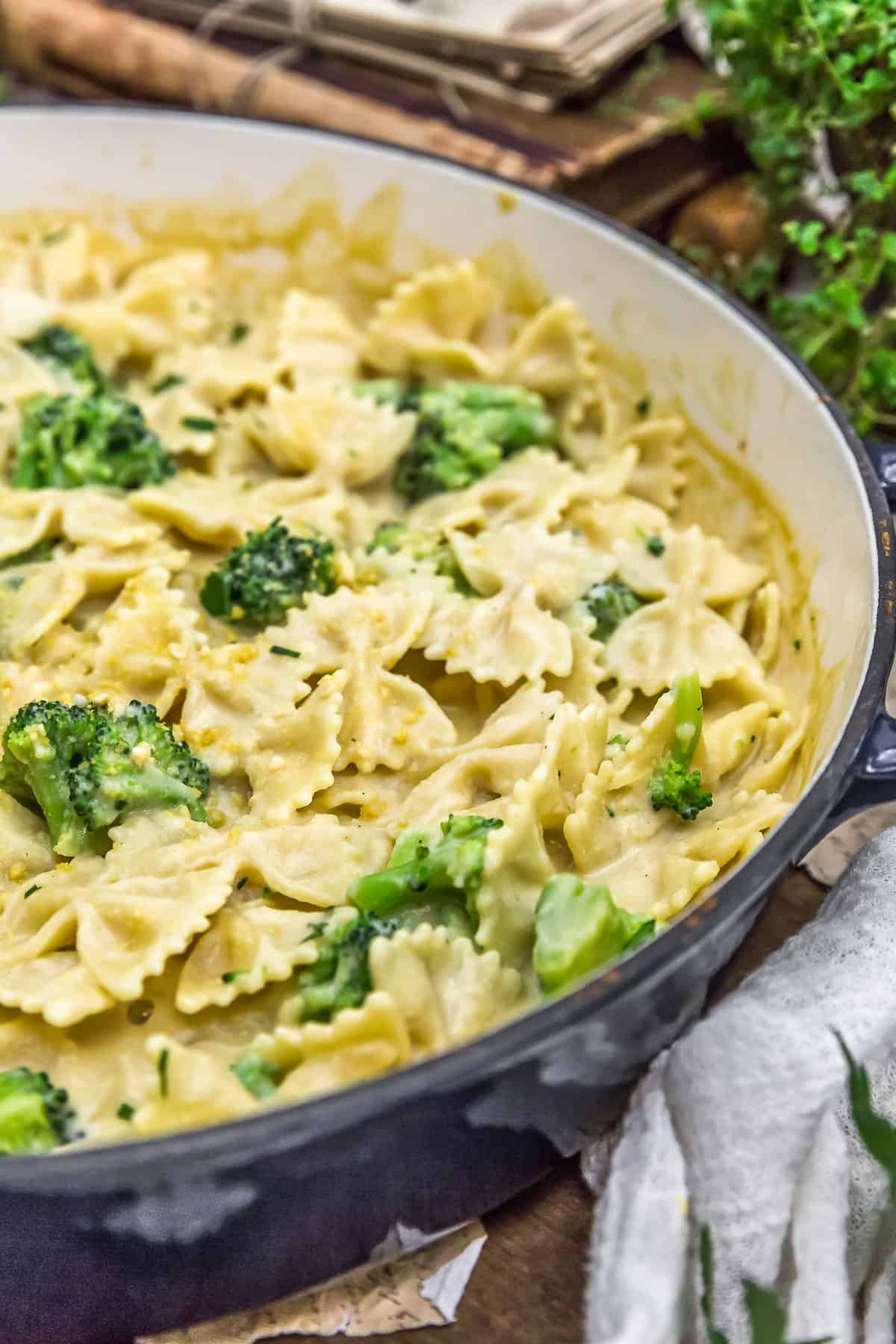 Close up of Vegan Creamy Bowties and Broccoli