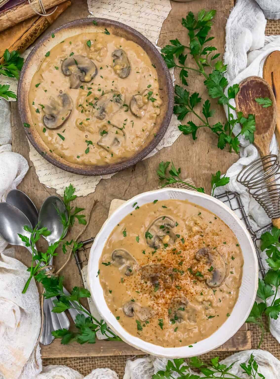 Vegan Creamy Mushroom Barley Soup - Monkey and Me Kitchen Adventures