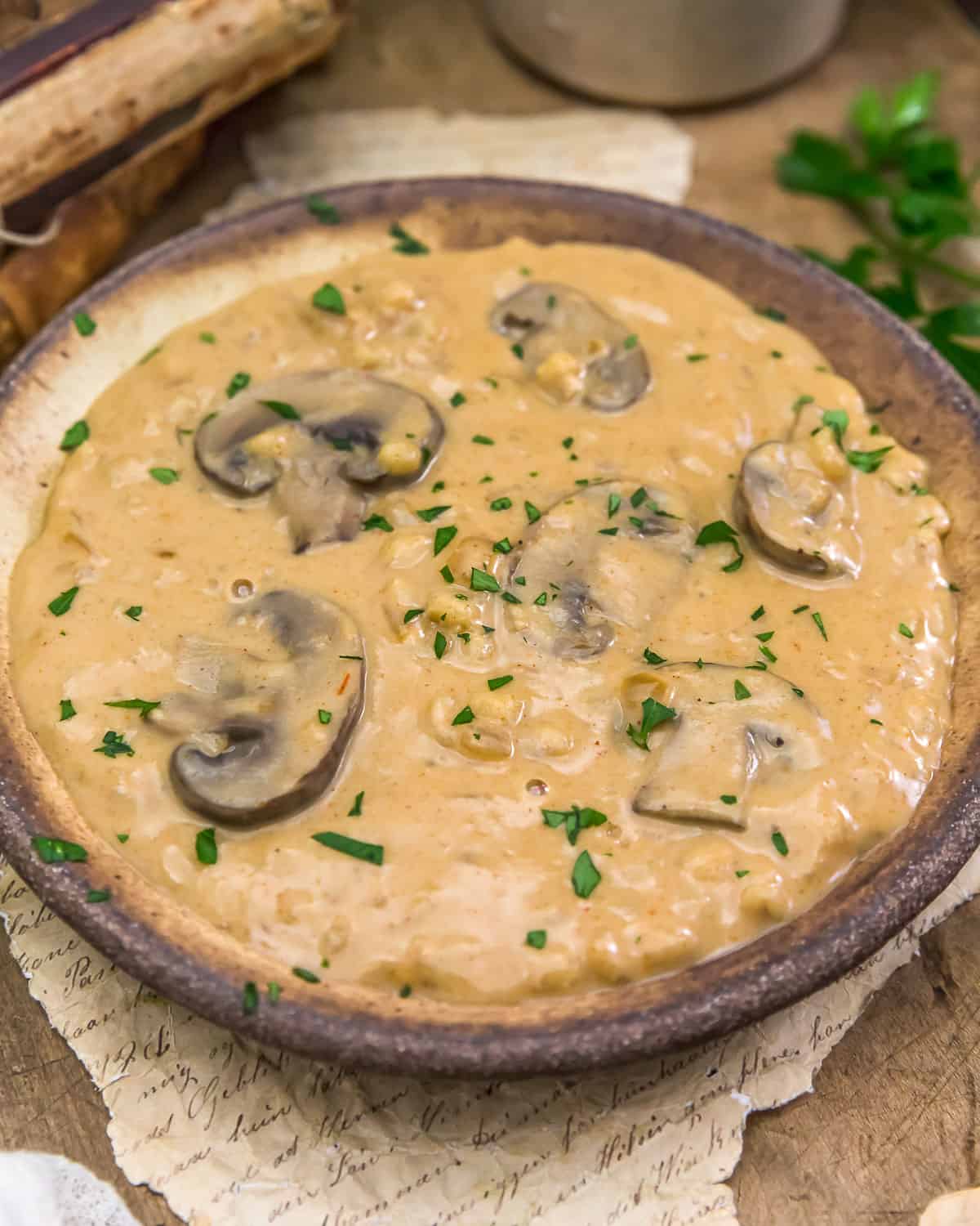 Close up of Vegan Creamy Mushroom Barley Soup