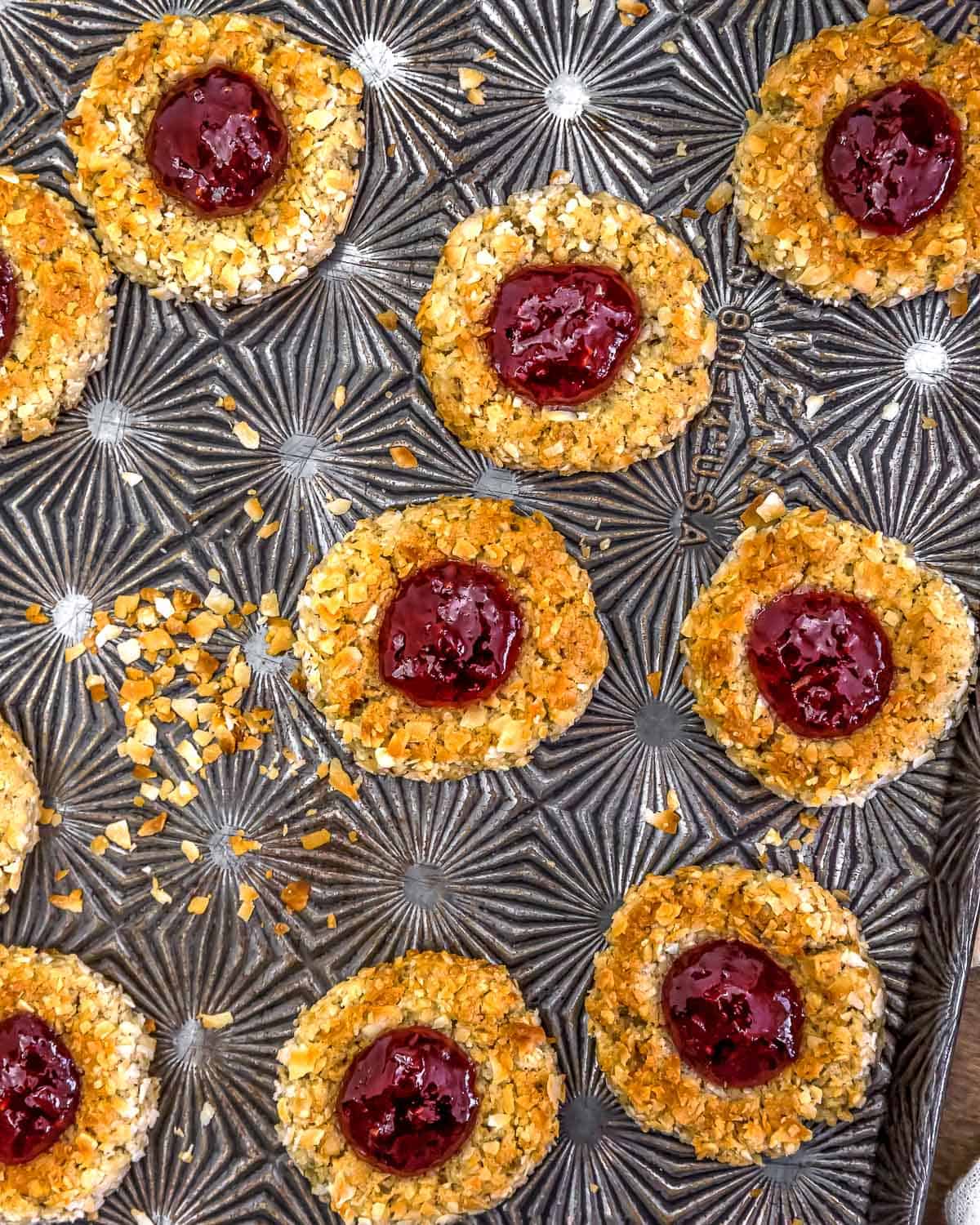 Vegan Jeweled Coconut Cookies on a cookie sheet