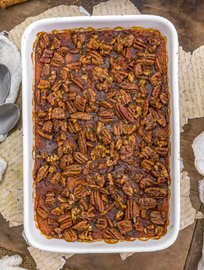 Top view of Vegan Sweet Potato Casserole with Candied Pecan Topping