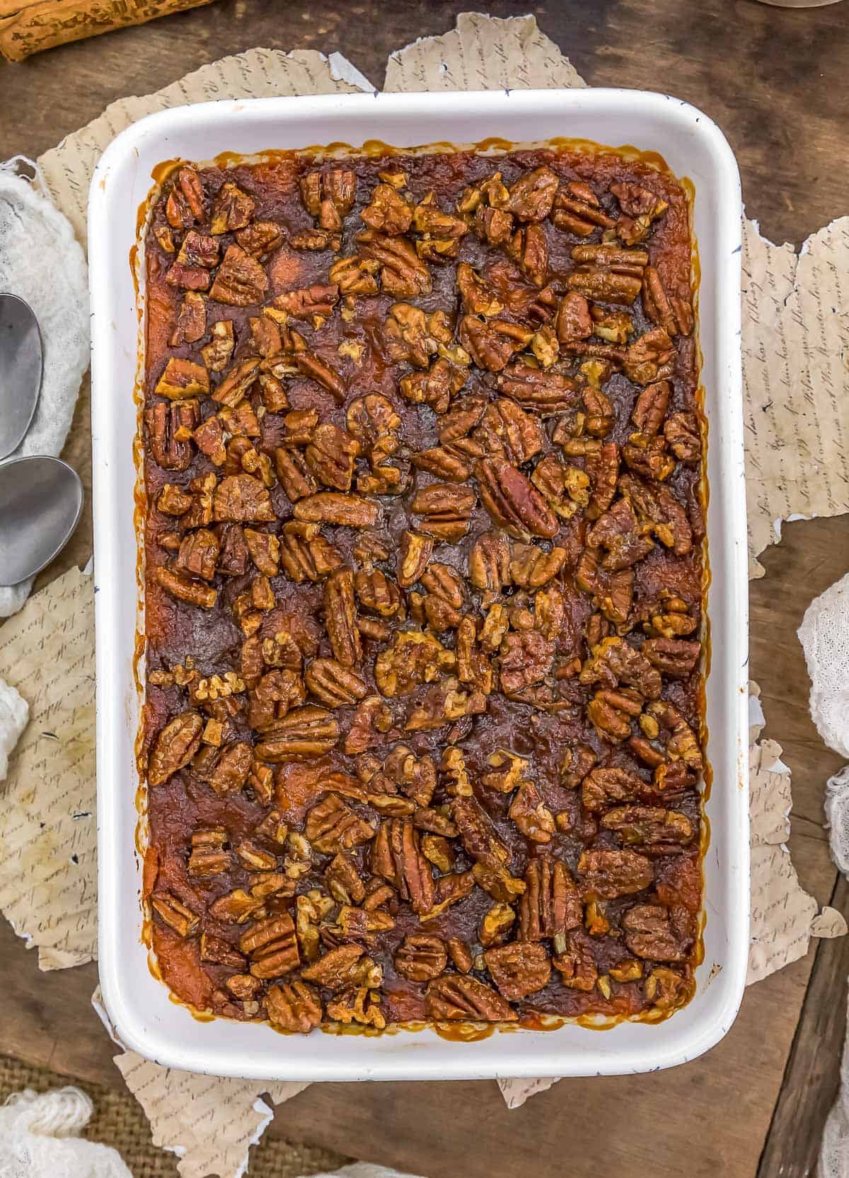 Top view of Vegan Sweet Potato Casserole with Candied Pecan Topping