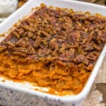 Served Vegan Sweet Potato Casserole with Candied Pecan Topping