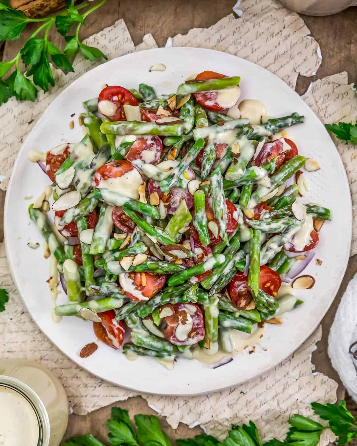 Plate of Asparagus Tomato Salad with Dijon Dressing