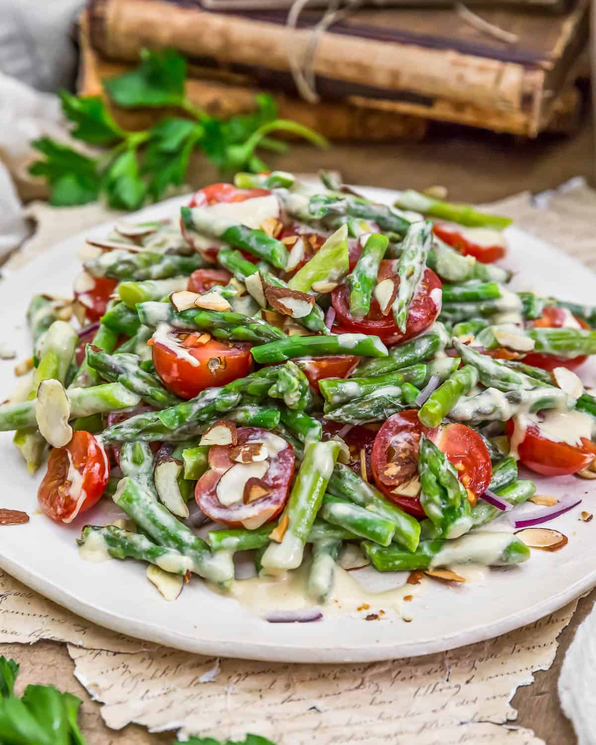 Close up of Asparagus Tomato Salad with Dijon Dressing