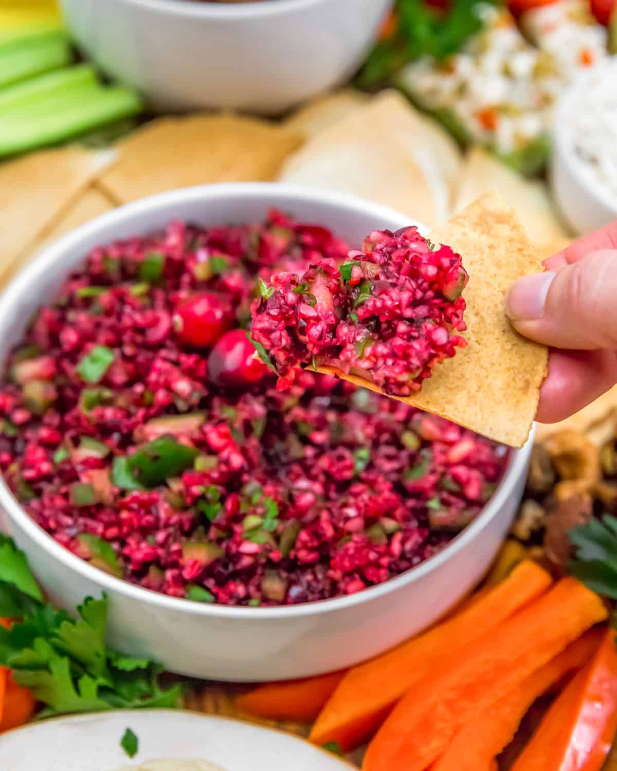 Cranberry Christmas Salsa on a tortilla chip